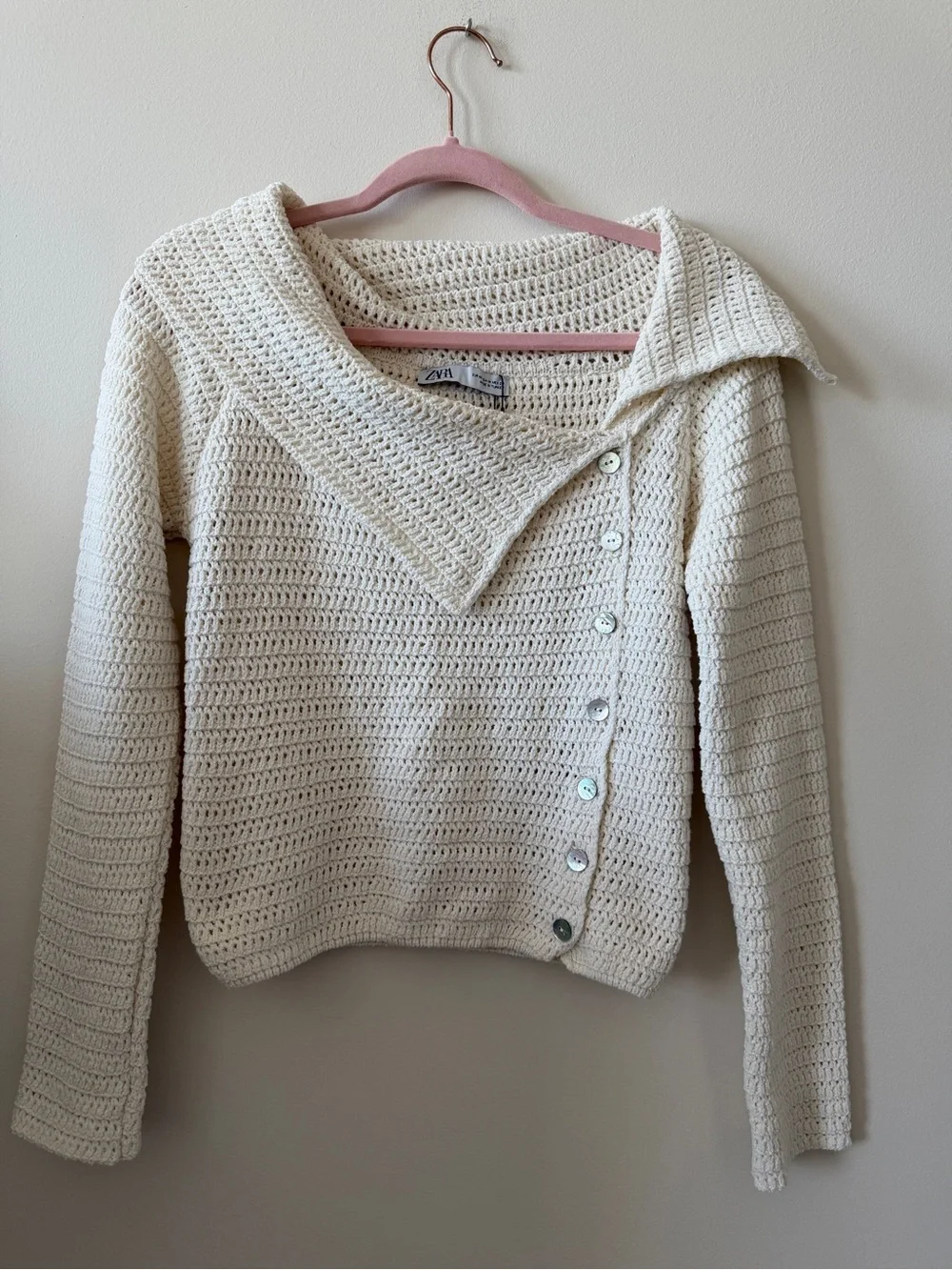 NWT Zara Cream Crocheted Off the Shoulder Button-Front Cardigan Sweater - Picture 7 of 8